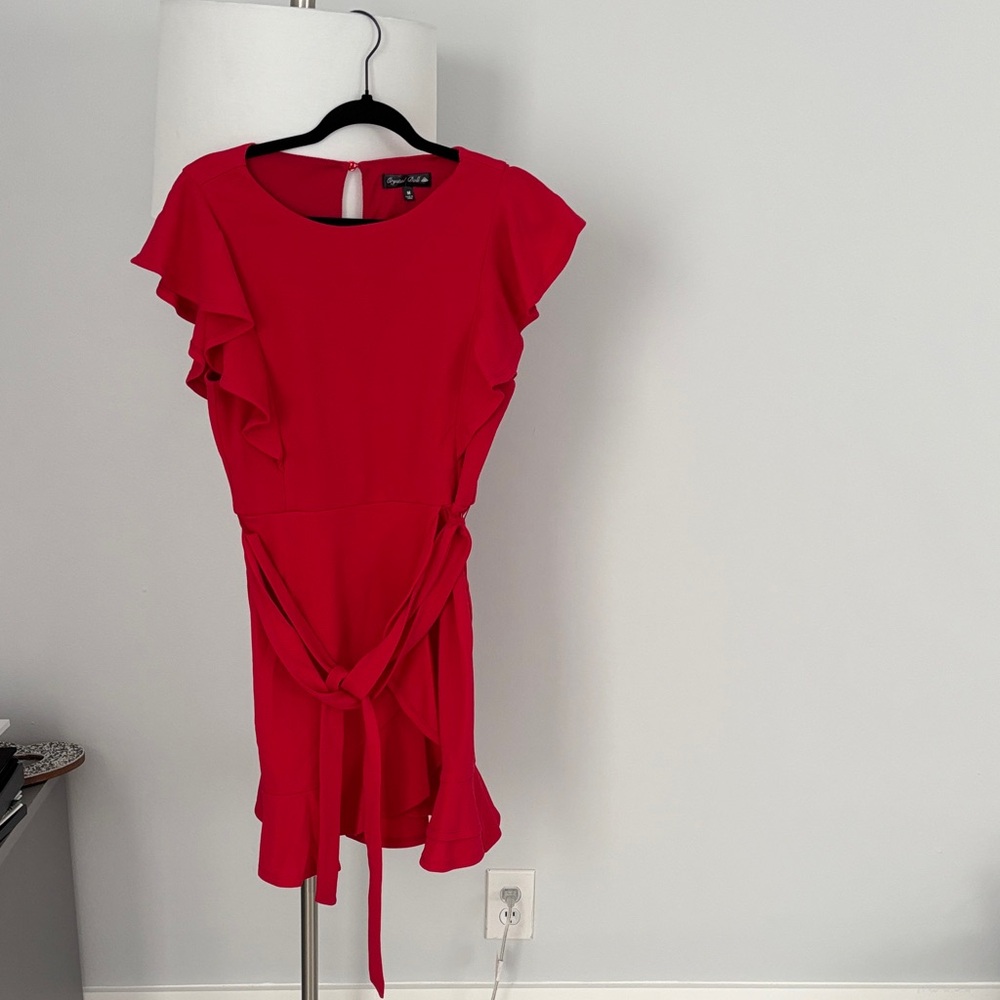 Francesca's Collections Red Ruffle Sleeve Tie-Waist Mini Dress